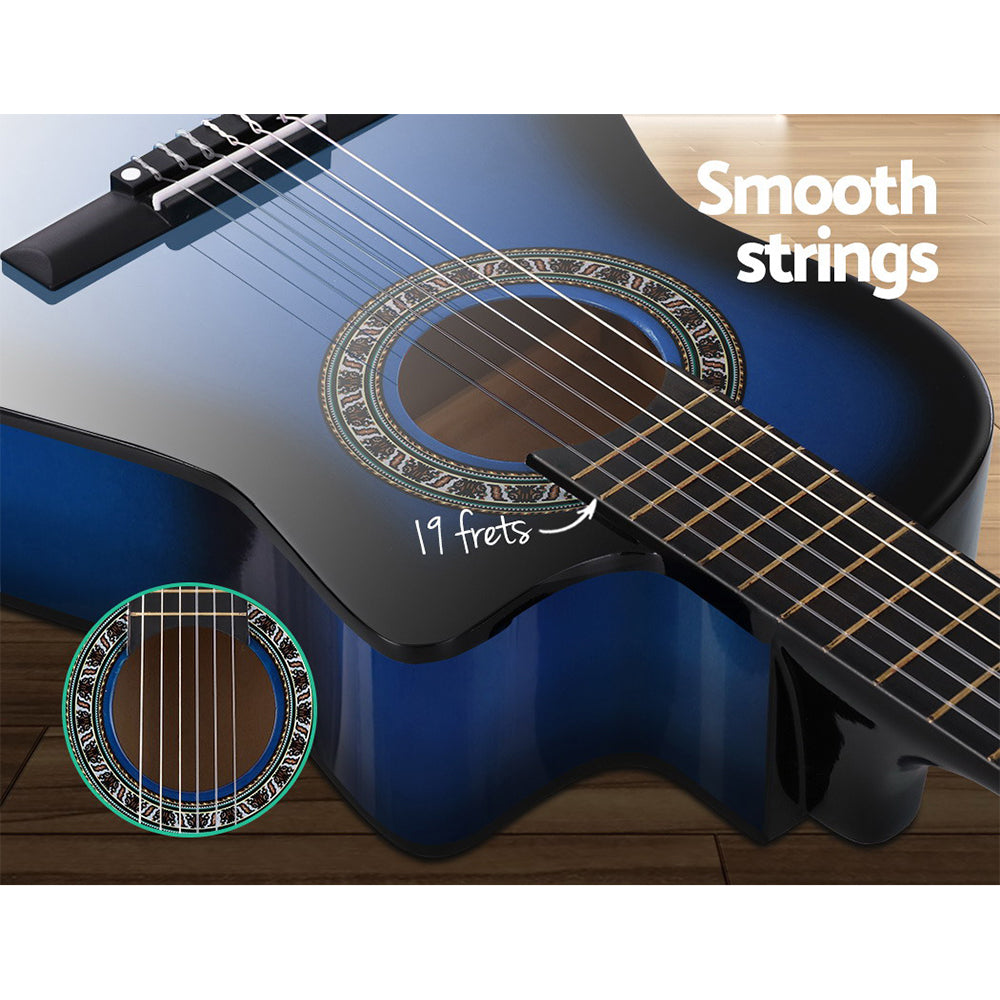 34" Inch Guitar Classical Acoustic Cutaway Wooden Ideal Kids Gift Children 1/2 Size Blue with Capo Tuner