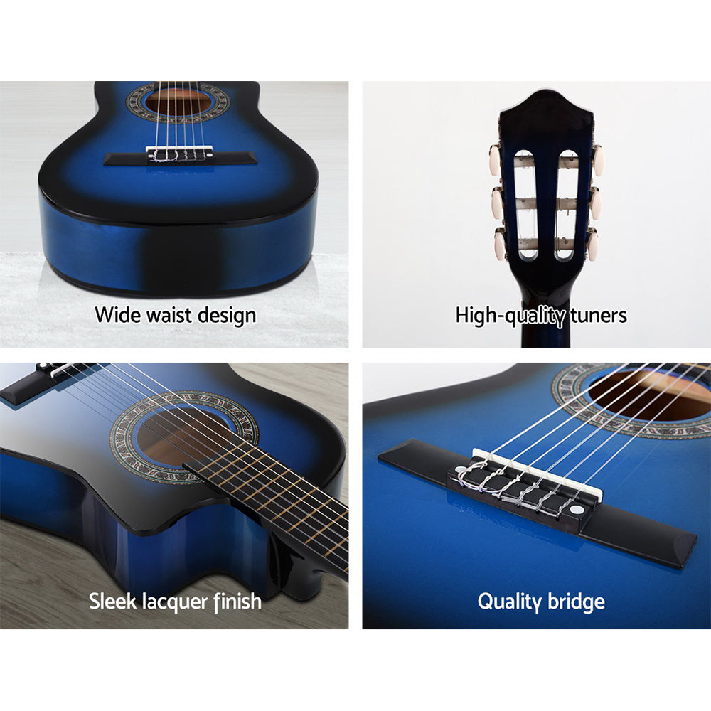 34" Inch Guitar Classical Acoustic Cutaway Wooden Ideal Kids Gift Children 1/2 Size Blue with Capo Tuner