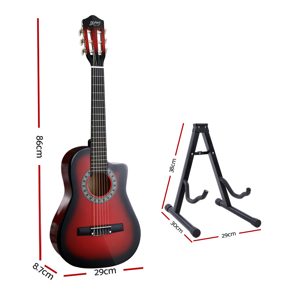 34" Inch Guitar Classical Acoustic Cutaway Wooden Ideal Kids Gift Children 1/2 Size Red with Capo Tuner