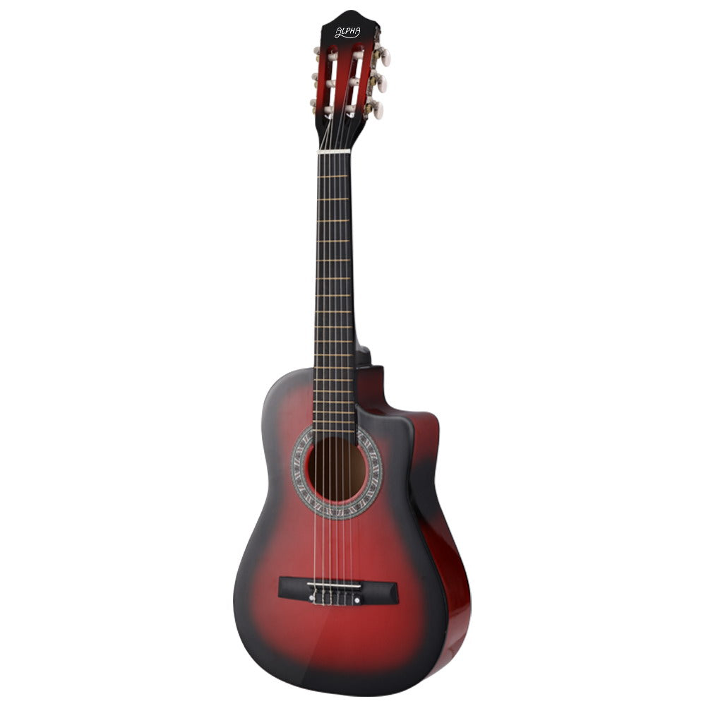 34" Inch Guitar Classical Acoustic Cutaway Wooden Ideal Kids Gift Children 1/2 Size Red with Capo Tuner