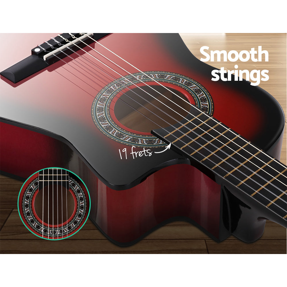 34" Inch Guitar Classical Acoustic Cutaway Wooden Ideal Kids Gift Children 1/2 Size Red with Capo Tuner