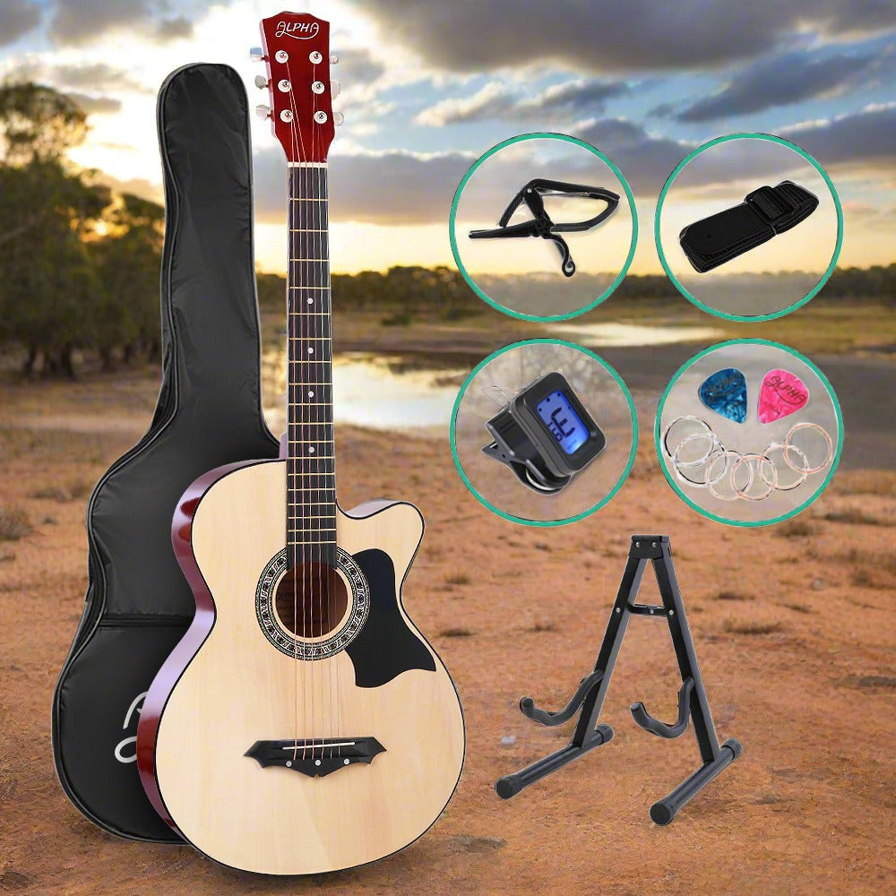 38 Inch Wooden Acoustic Guitar with Accessories set Natural Wood