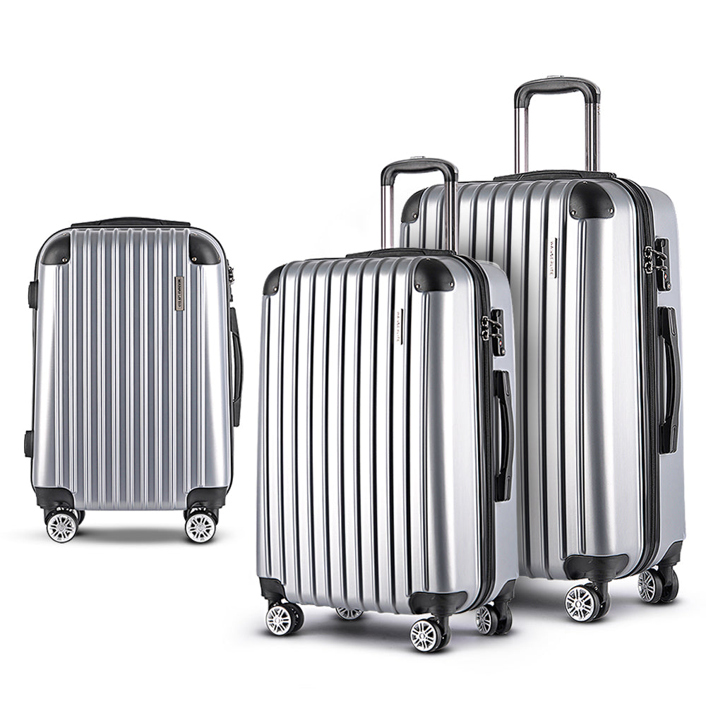 3pc Luggage Trolley Travel Set Suitcase Carry On TSA Lock Hard Case Lightweight Silver