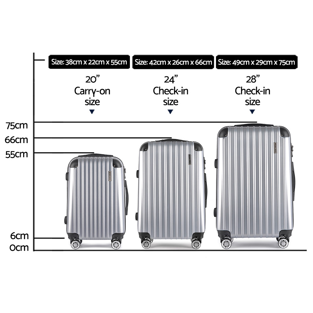 3pc Luggage Trolley Travel Set Suitcase Carry On TSA Lock Hard Case Lightweight Silver