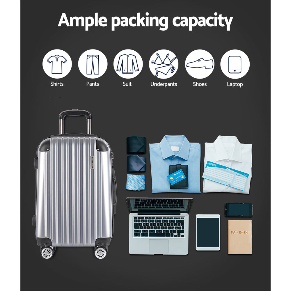 3pc Luggage Trolley Travel Set Suitcase Carry On TSA Lock Hard Case Lightweight Silver