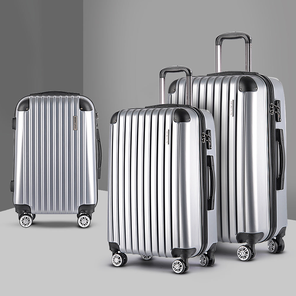 3pc Luggage Trolley Travel Set Suitcase Carry On TSA Lock Hard Case Lightweight Silver