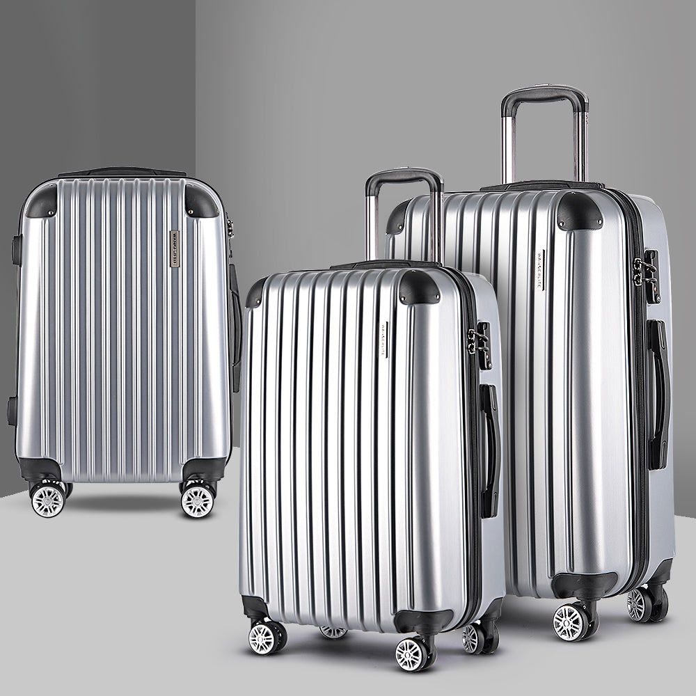 3pc Luggage Trolley Travel Set Suitcase Carry On TSA Lock Hard Case Lightweight Silver