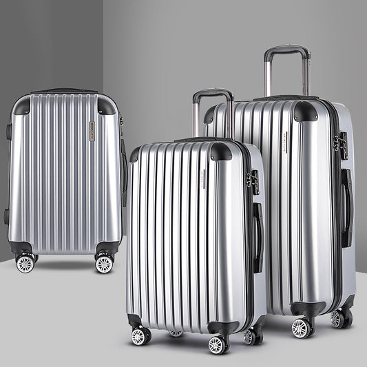 3pc Luggage Trolley Travel Set Suitcase Carry On TSA Lock Hard Case Lightweight Silver