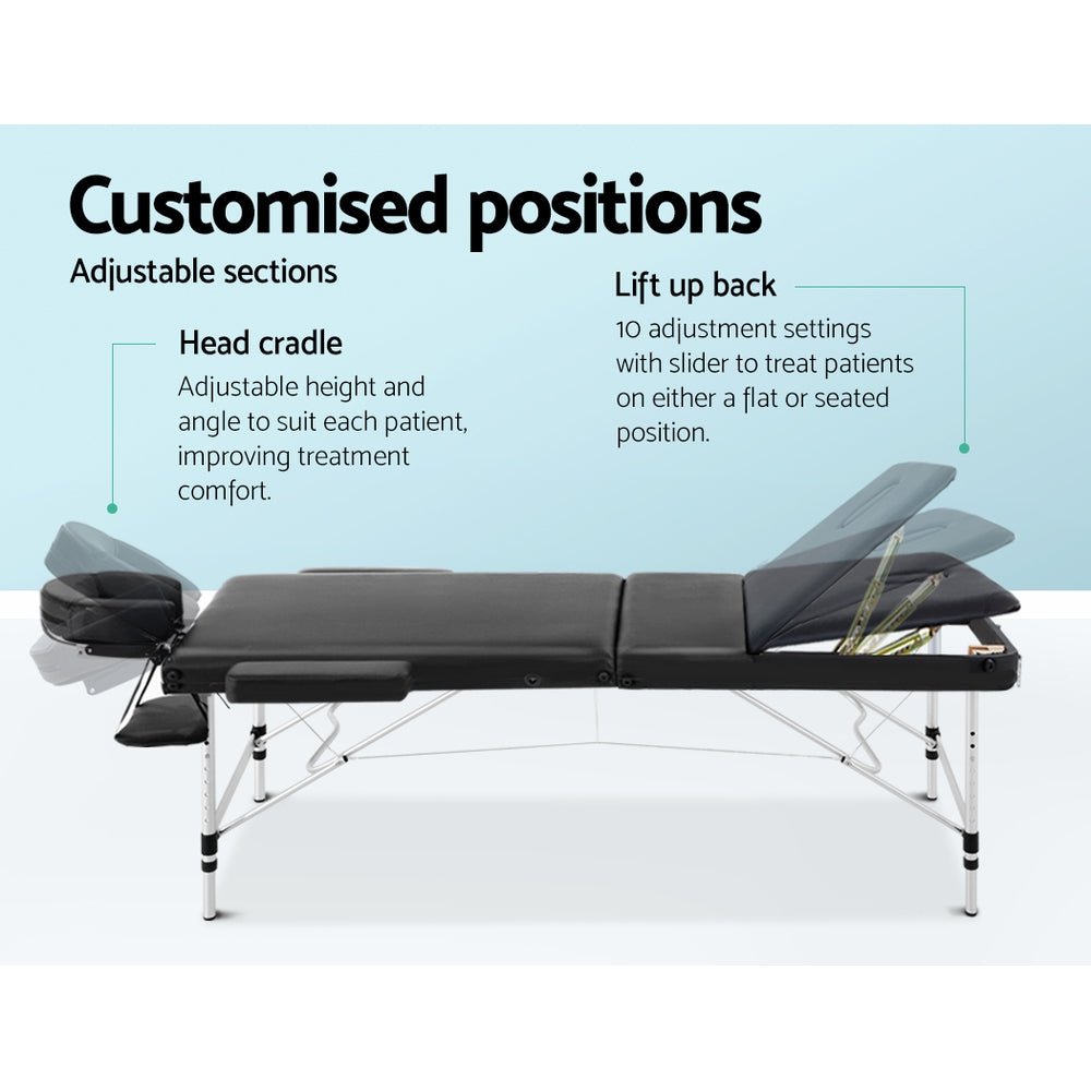 3 Fold Portable Aluminium Massage Table - Black