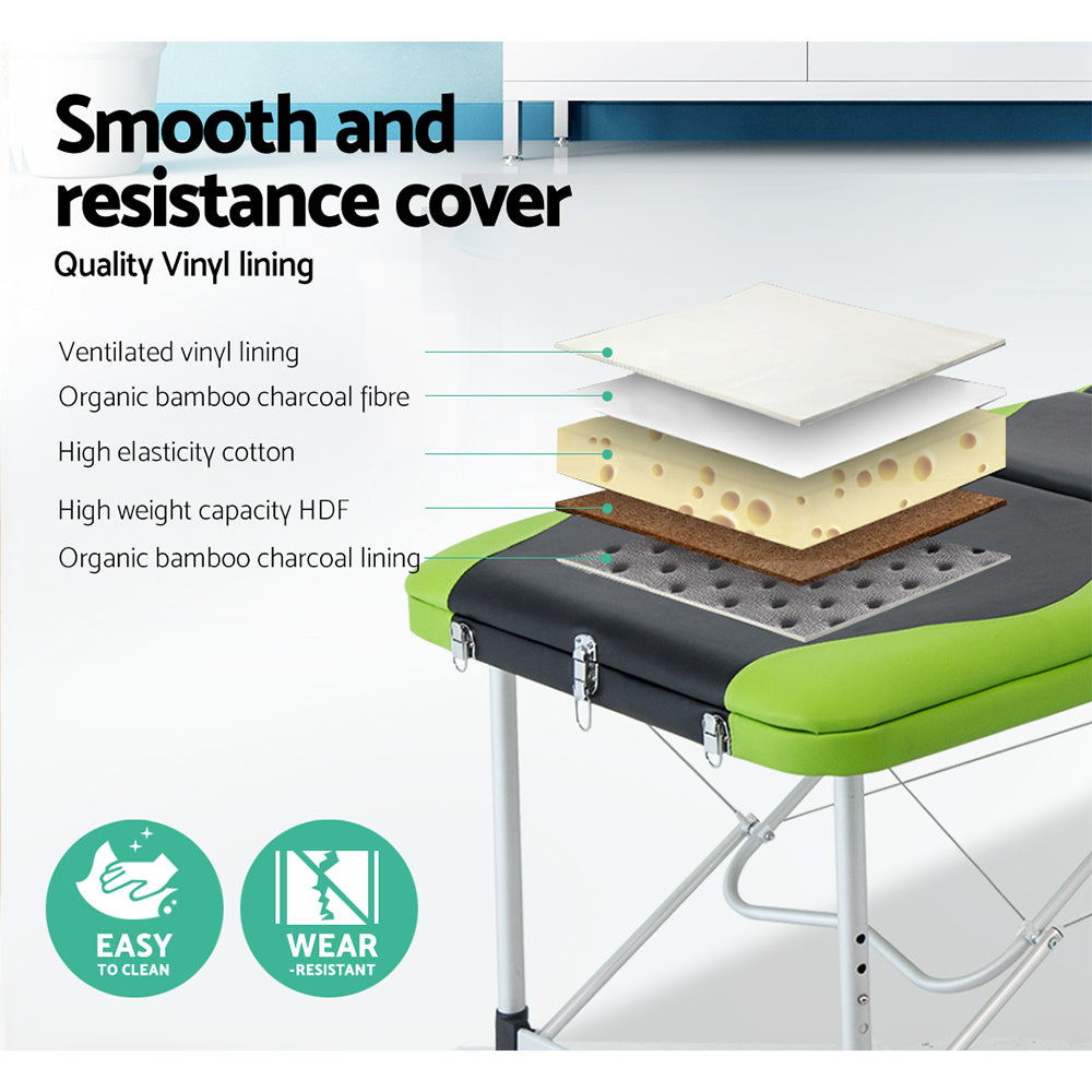 3 Fold Portable Aluminium Massage Table - Green & Black