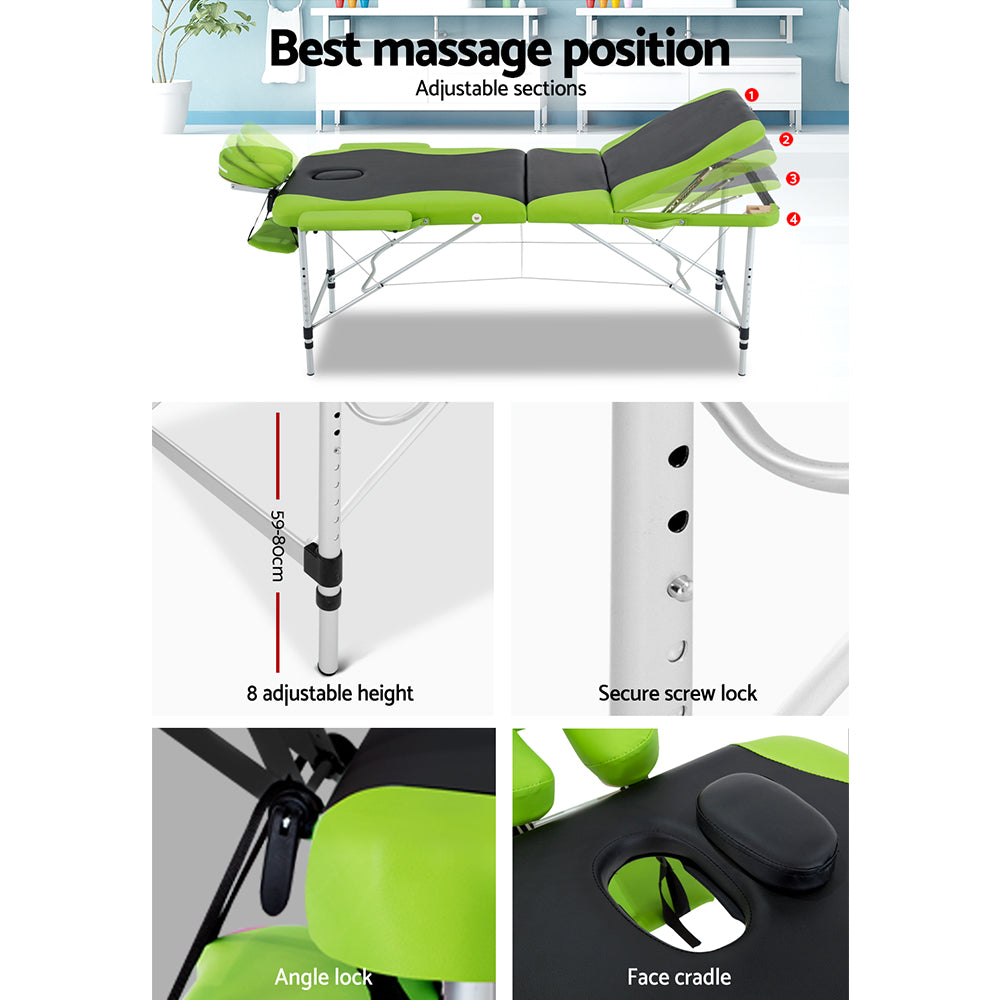 3 Fold Portable Aluminium Massage Table - Green & Black