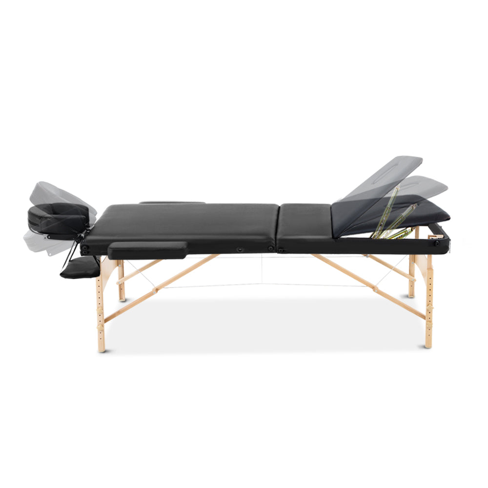 60cm Wide Portable Wooden Massage Table 3 Fold Treatment Beauty Therapy Black