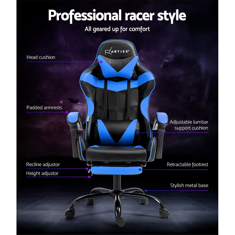 Office Chair Leather Gaming Chairs Footrest Recliner Study Work Blue