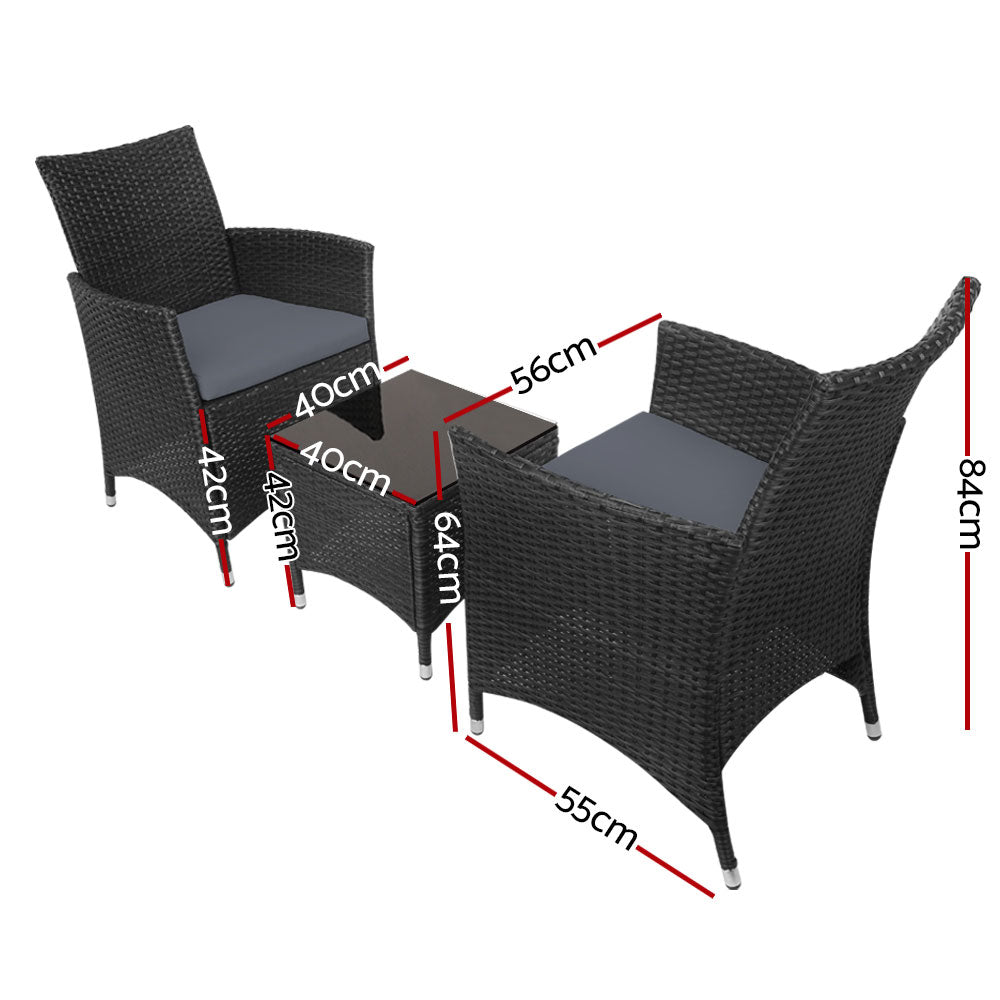 3pc Bistro Wicker Outdoor Furniture Set Black