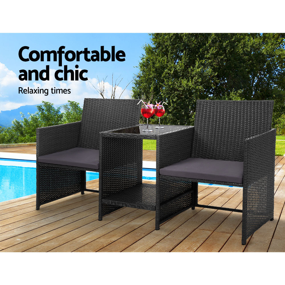 Outdoor Setting Wicker Loveseat Bistro Set Patio Garden Furniture Black