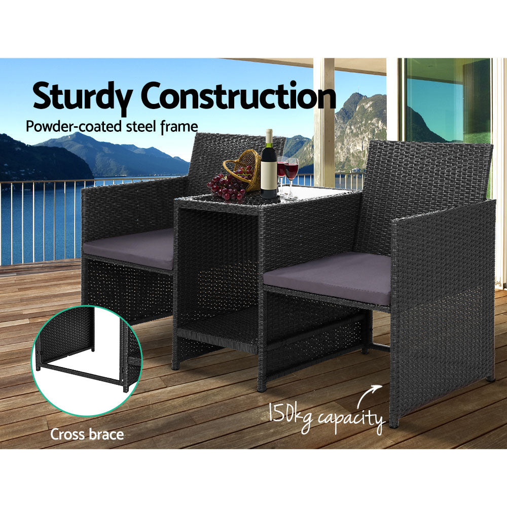 Outdoor Setting Wicker Loveseat Bistro Set Patio Garden Furniture Black