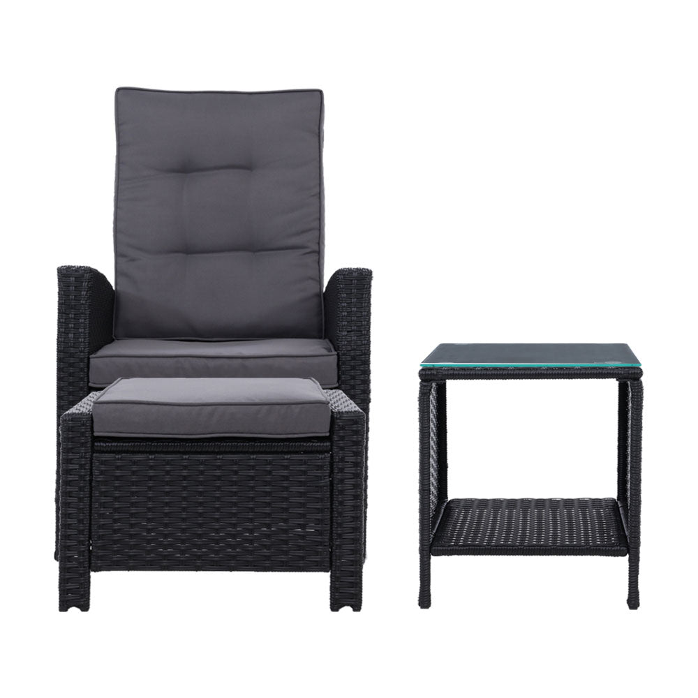 Outdoor Setting Recliner Chair Table Set Wicker lounge Patio Furniture Black