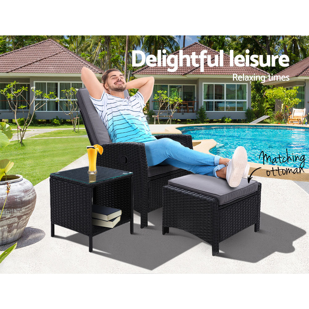 Outdoor Setting Recliner Chair Table Set Wicker lounge Patio Furniture Black