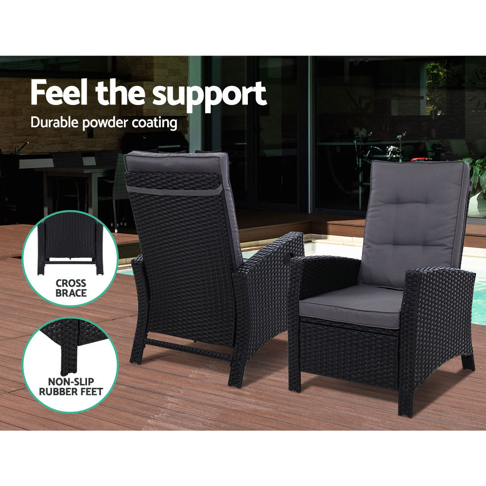 Outdoor Setting Recliner Chair Table Set Wicker lounge Patio Furniture Black