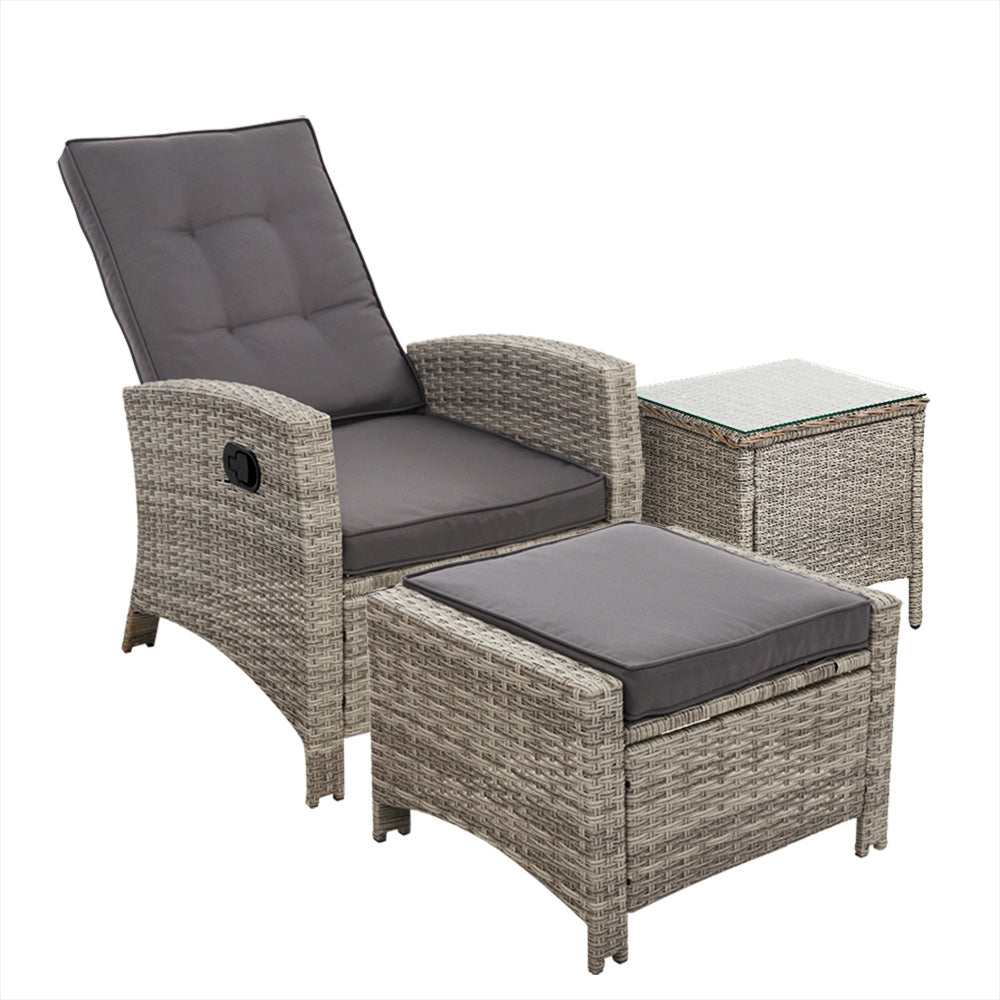 Outdoor Setting Recliner Chair Table Set Wicker lounge Patio Furniture Grey