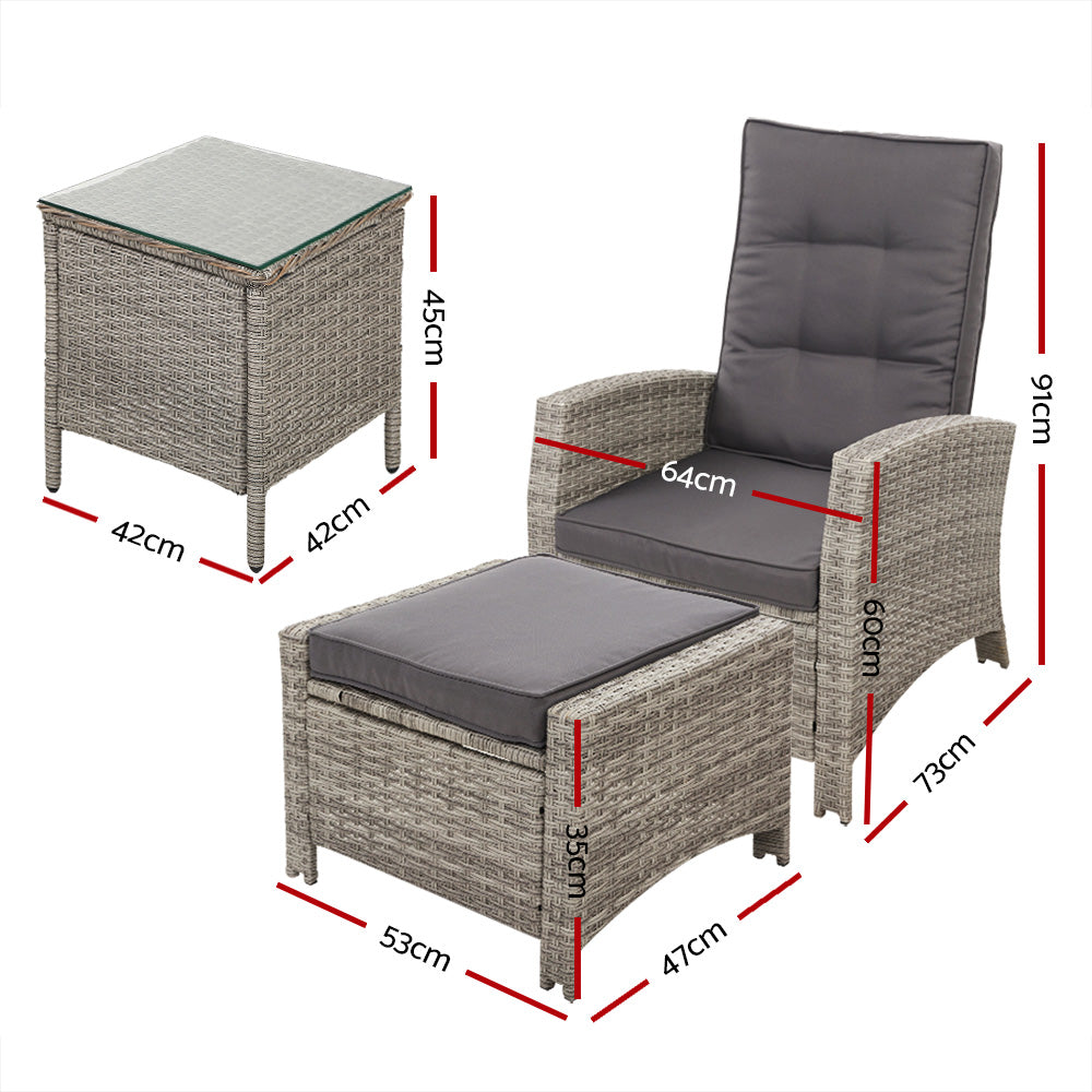 Outdoor Setting Recliner Chair Table Set Wicker lounge Patio Furniture Grey