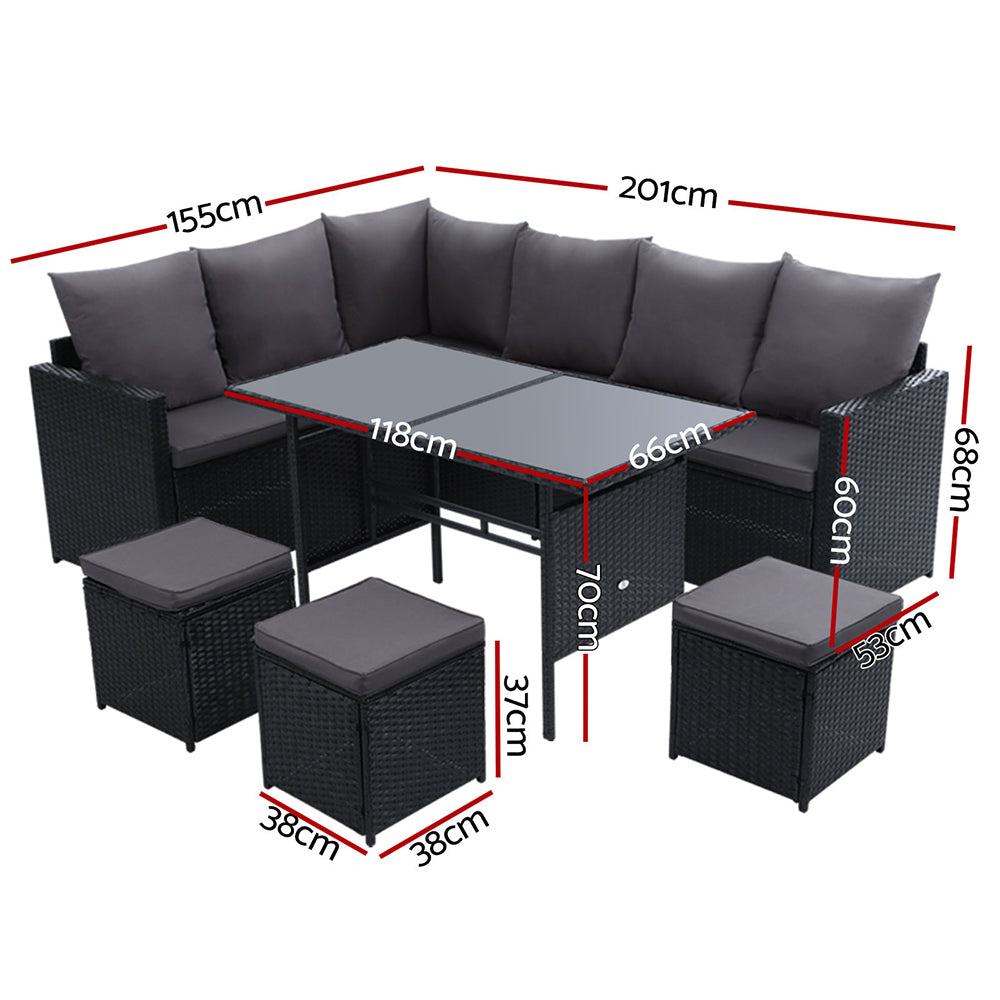 Outdoor Furniture Dining Setting Sofa Set Lounge Wicker 9 Seater Black