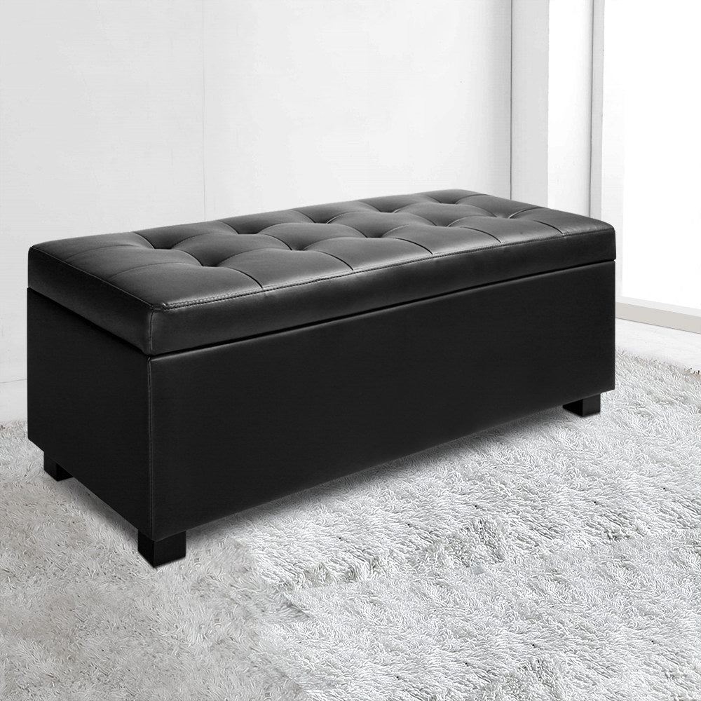 Leather Storage Ottoman - Black