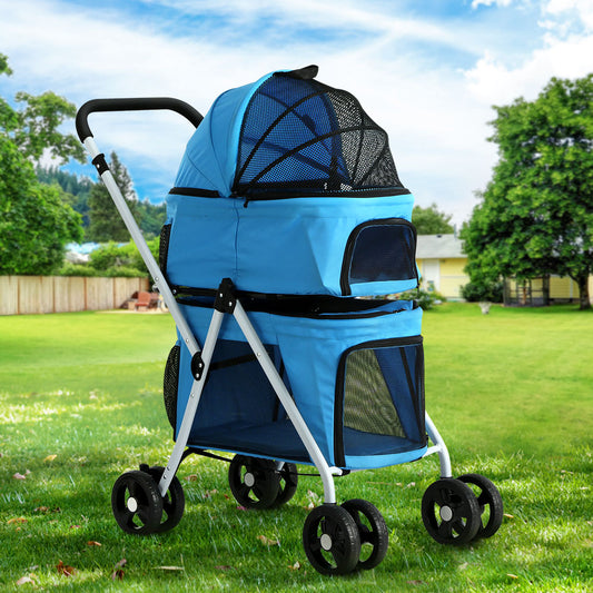 Pet Stroller Dog Pram Large Cat Carrier Travel Foldable 4 Wheels Double