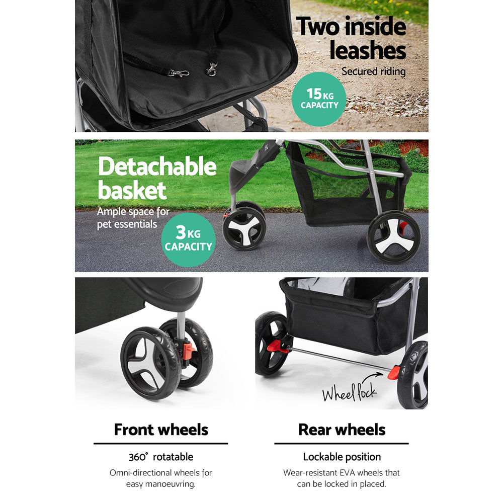 3 Wheel Pet Stroller - Black