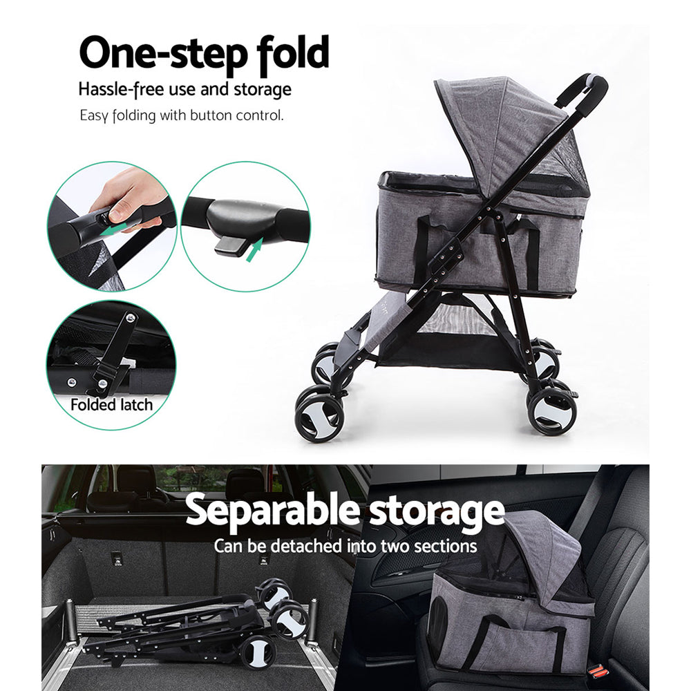 Pet Stroller Dog Carrier Foldable Pram 3 IN 1 Middle Size Grey