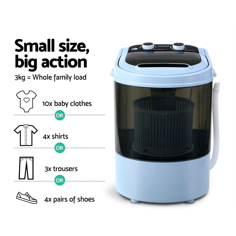 3KG Mini Portable Washing Machine Shoes Wash Top Load Spin Camp Caravan