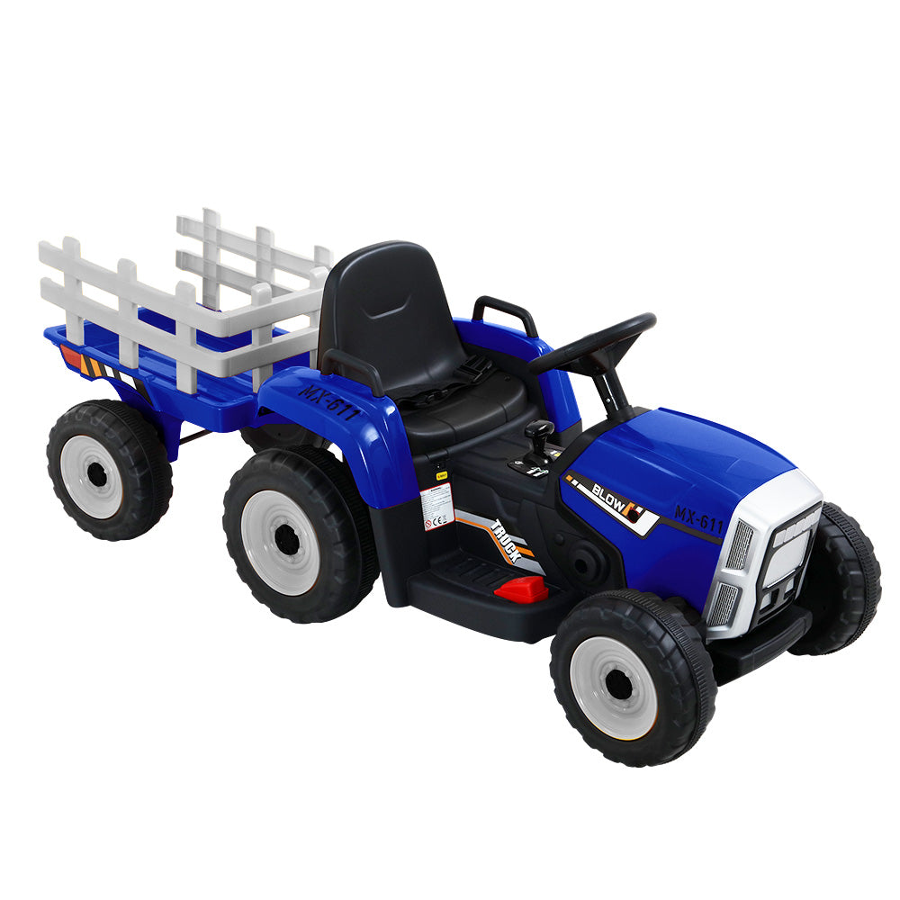 Ride On Car Tractor Trailer Toy Kids Electric Cars 12V Battery Blue