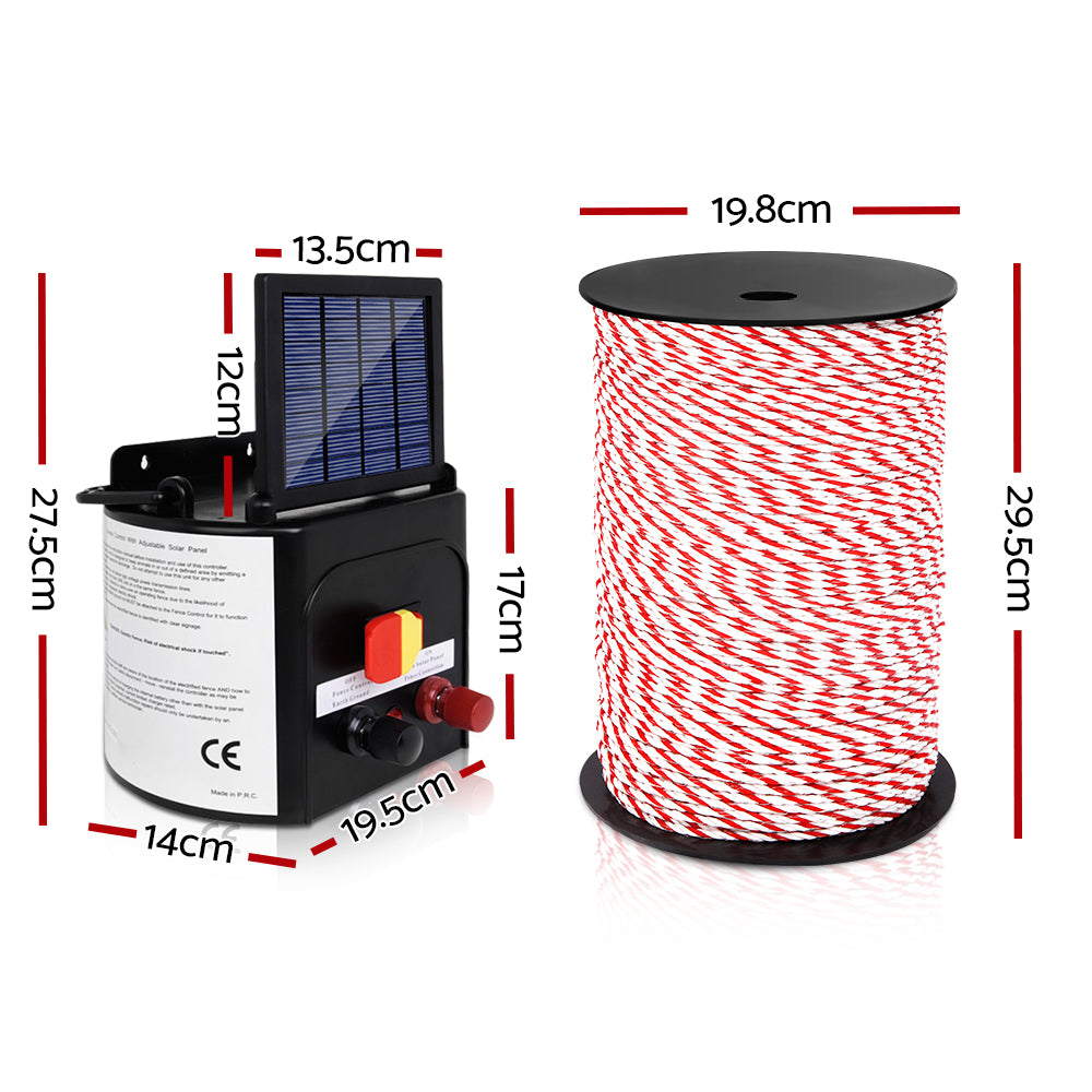 Electric Fence Energiser 5km Solar Powered Charger + 500m Rope