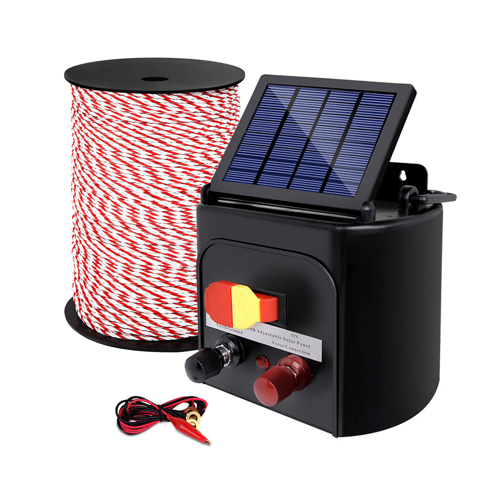 Electric Fence Energiser 5km Solar Powered Charger + 500m Rope