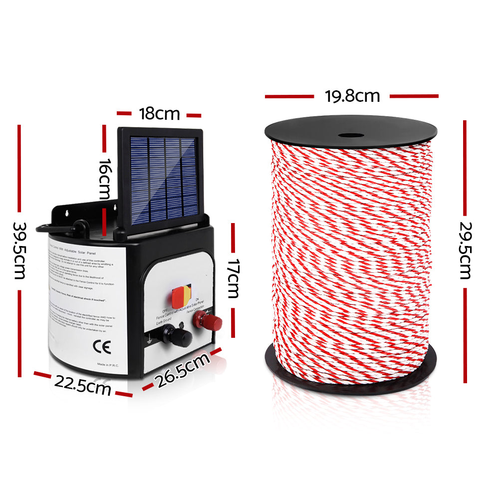 Electric Fence Energiser 8km Solar Powered Charger + 500m Polytape Rope