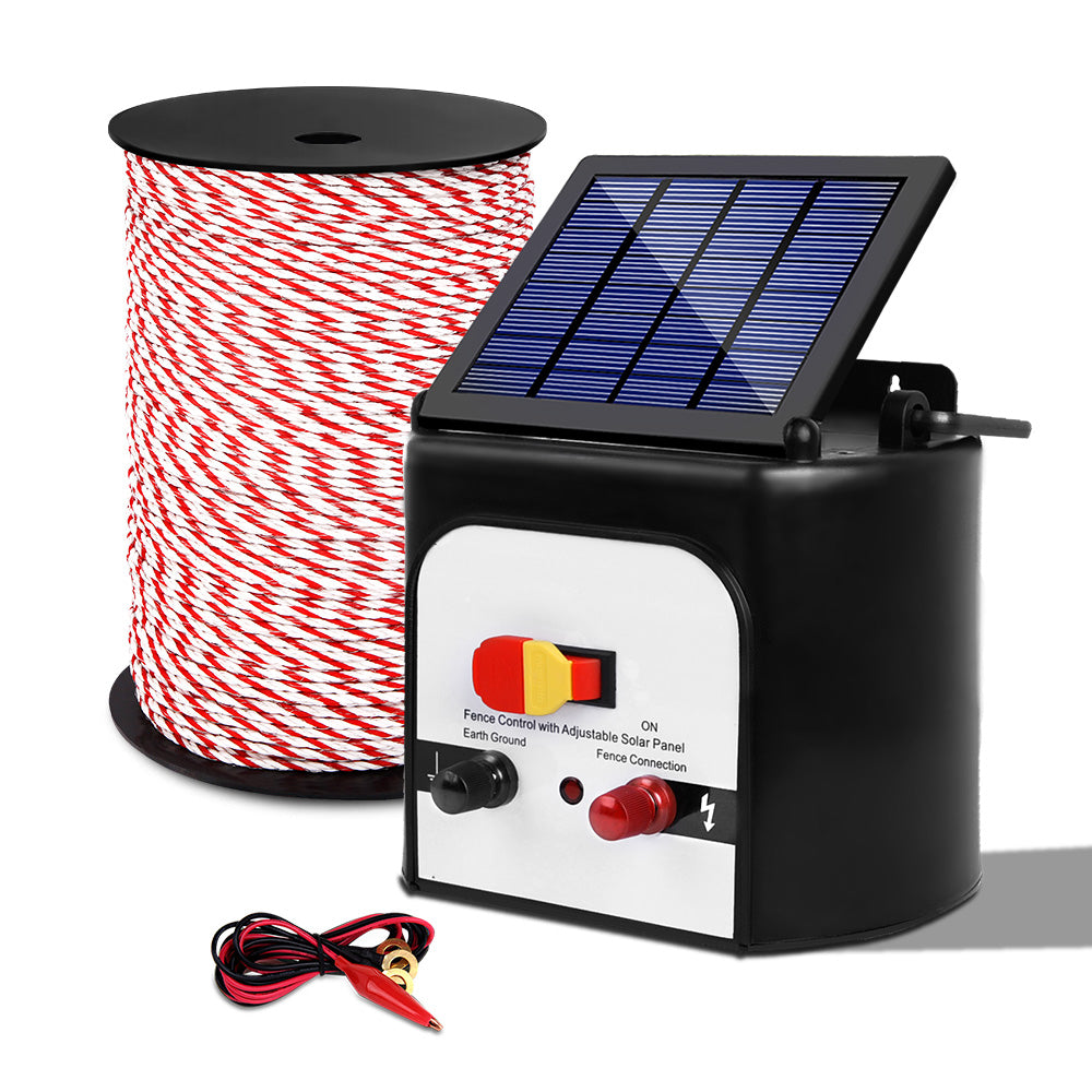 Electric Fence Energiser 8km Solar Powered Charger + 500m Polytape Rope