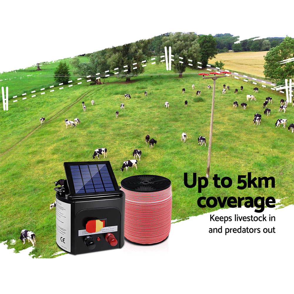 Electric Fence Energiser 5km Solar Powered 0.15j Set+ 1200m Tape