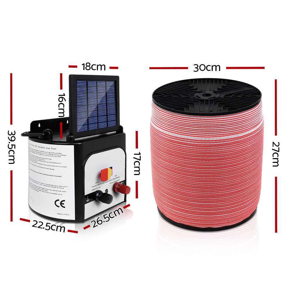 Electric Fence Energiser 8km Solar Powered Energizer Charger + 1200m Tape