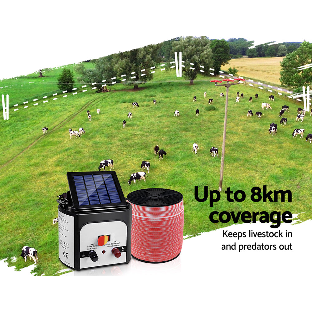 Electric Fence Energiser 8km Set Solar Powered Energizer + 2000m Tape