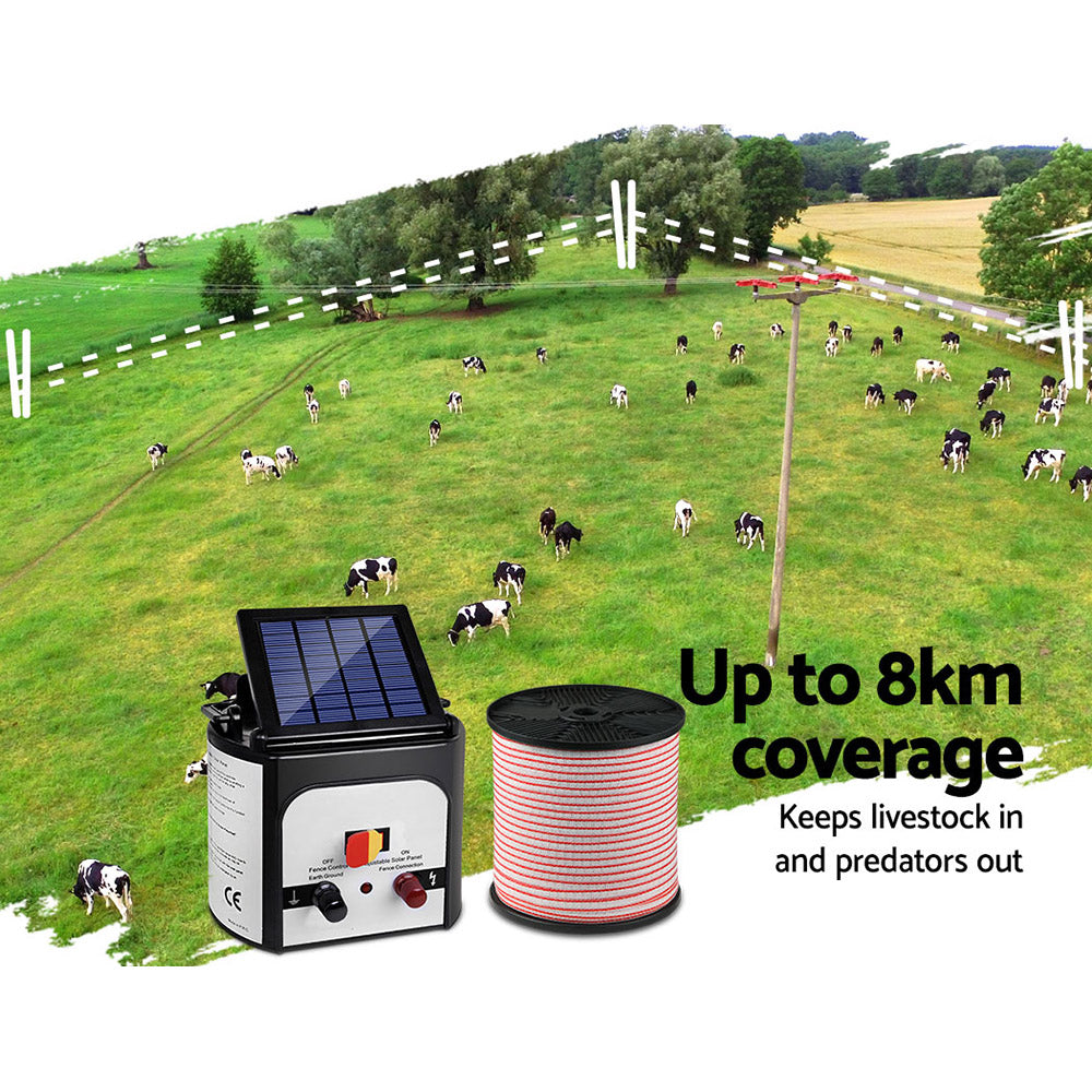 8km Solar Electric Fence Energiser Charger with 400M Tape and 25pcs Insulators