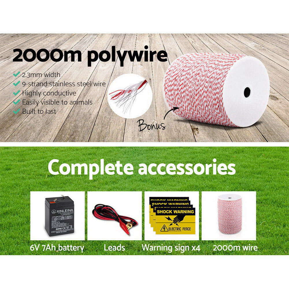 8KM Solar Electric Fence Energiser Energizer 0.3J + 2000M Poly Fencing Wire Tape