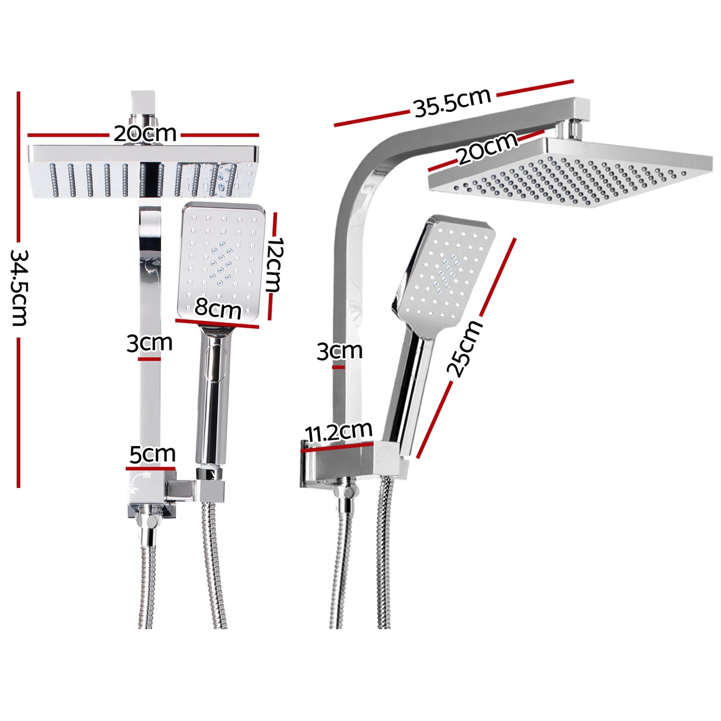 WELS 8'' Rain Shower Head Set Square Handheld High Pressure Wall Chrome