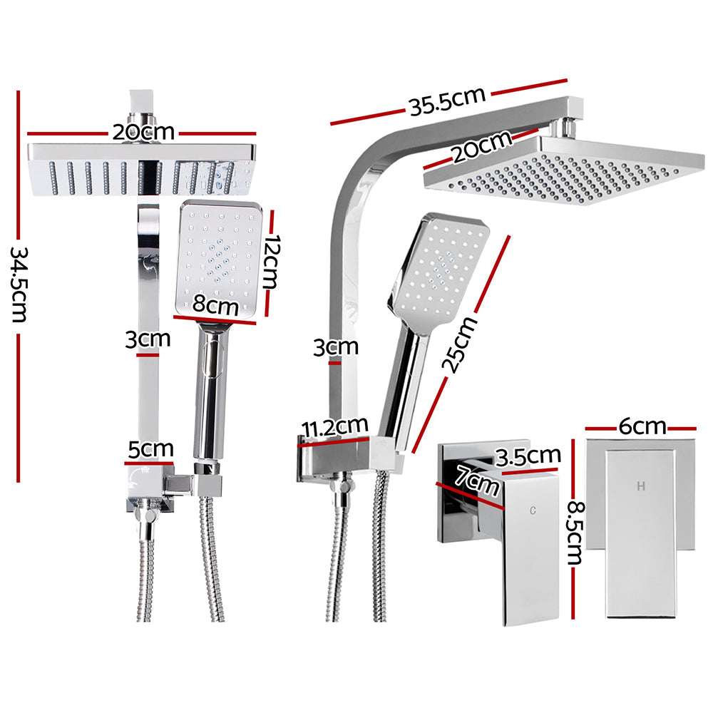 WELS 8'' Rain Shower Head Taps Square Handheld High Pressure Wall Chrome