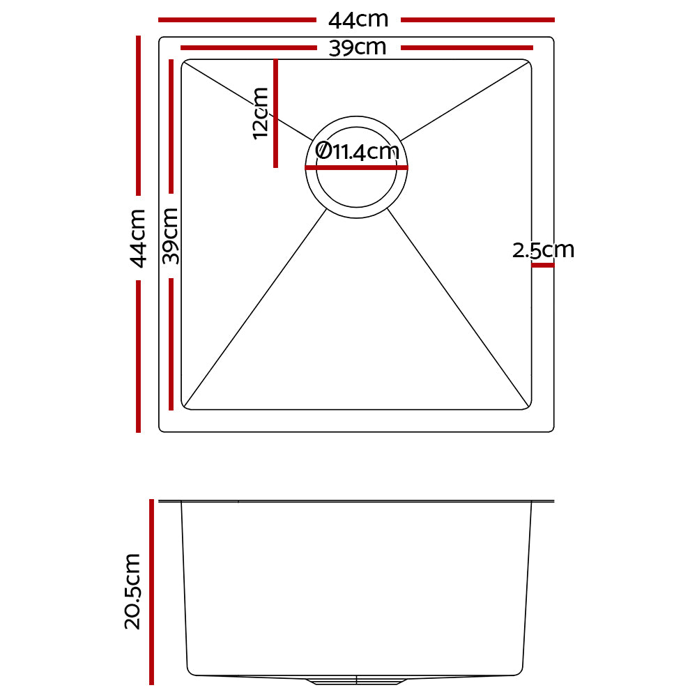 44cm x 44cm Stainless Steel Kitchen Sink Under/Top/Flush Mount Silver