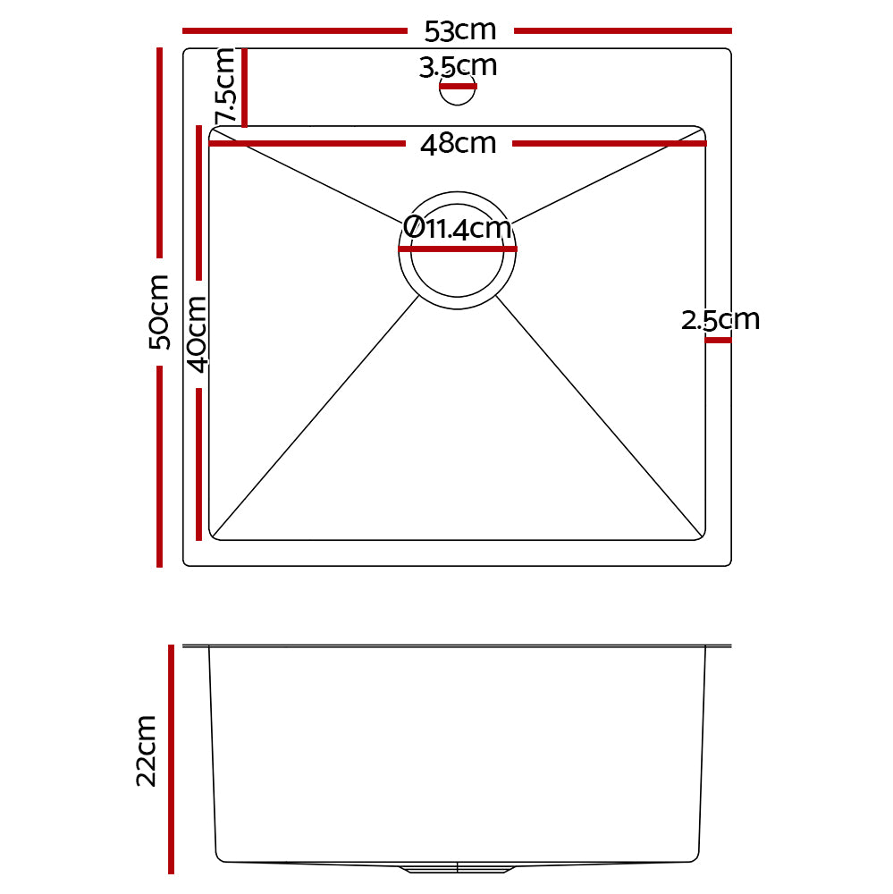 53cm x 50cm Stainless Steel Kitchen Sink Under/Top/Flush Mount Silver