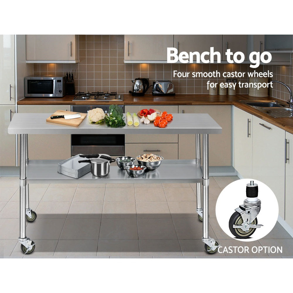 304 Stainless Steel Kitchen Benches Work Bench Food Prep Table with Wheels 1524MM x 610MM