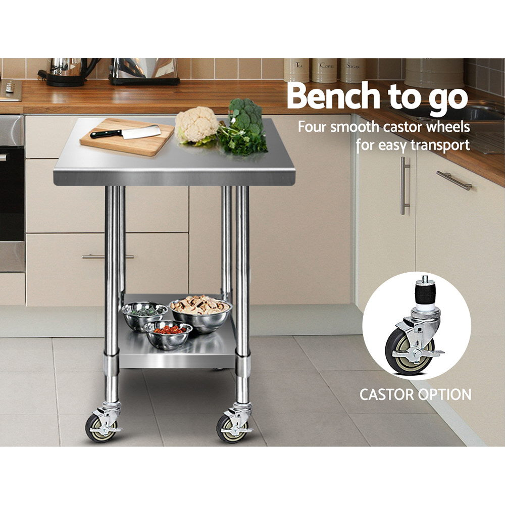 762 x 762mm Commercial Stainless Steel Kitchen Bench with 4pcs Castor Wheels