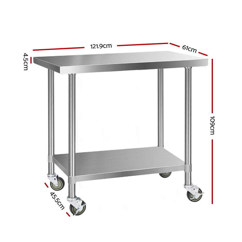 430 Stainless Steel Kitchen Benches Work Bench Food Prep Table with Wheels 1219MM x 610MM