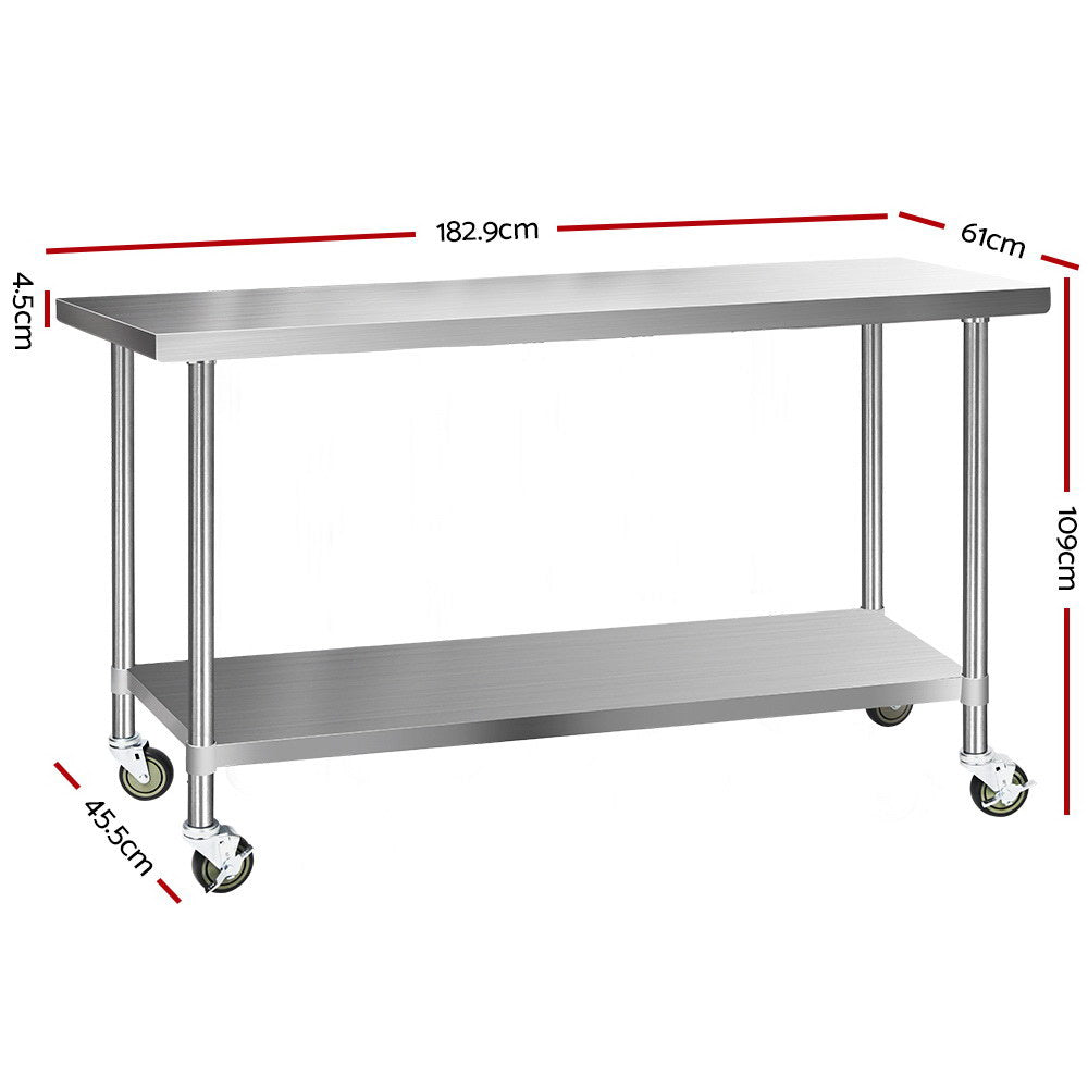 430 Stainless Steel Kitchen Benches Work Bench Food Prep Table with Wheels 1829MM x 610MM