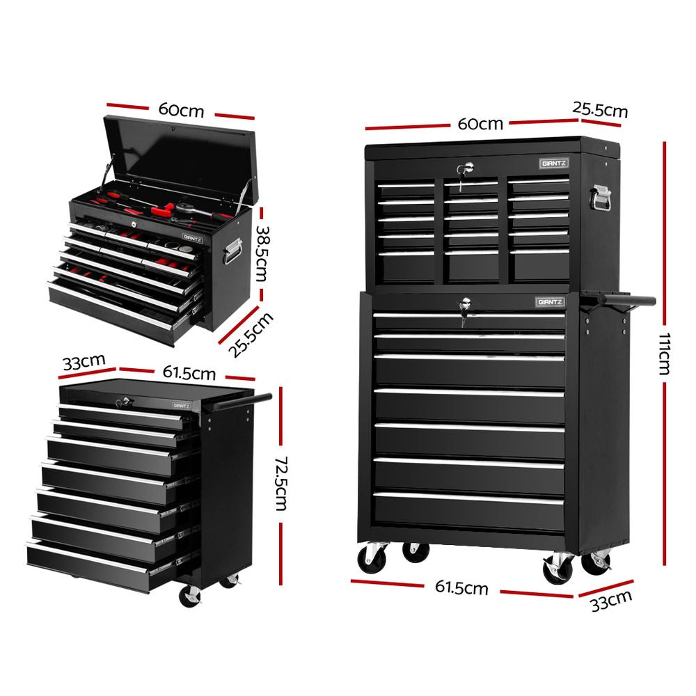 Tool Chest and Trolley Box Cabinet 16 Drawers Cart Garage Storage Black